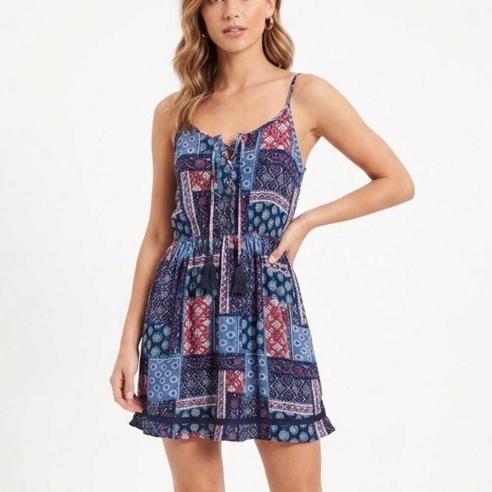Hollister Patchwork Print Lace Up Tassel Mini Dress Blue Red Small Womens
